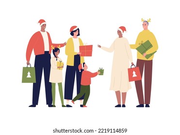 Christmas and new year celebration concept. Vector flat design character illustration. Diverse family with male and female parents, grandparent and children give gifts isolated on white background