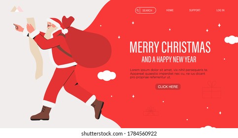 Christmas or New Year celebration flyer. Santa Claus with huge red bag with presents and wish list. Vector illustration for Christmas and New Year posters, web and social media banners, landing page.