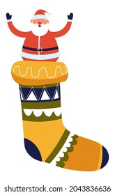 Christmas and new year celebration and greeting, isolated Santa Claus in sock for presents and gifts. Surprise and celebration mood in xmas period. Greetings and happiness. Vector in flat style