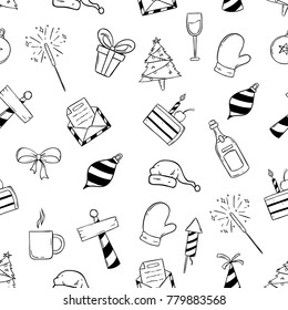 christmas and new year celebration icons in seamless pattern with doodle art