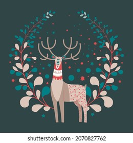 Christmas and new year celebration, isolated deer animal with leaves forming wreath. Evergreen branches and reindeer. Xmas postcard, card with greetings for winter holidays. Vector in flat style