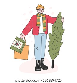 Christmas and new year celebration. Male character in warm clothes holding presents bags and christmas tree, walking in the snow. Winter holiday, festive traditional shopping. Flat vector illustration