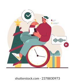 Christmas and new year celebration. Man getting ready for festive night, making a to do list, preparing gifts, music and decorations. Winter holidays traditions planning. Flat vector illustration