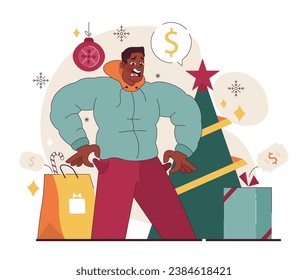 Christmas and new year celebration. Man getting ready for festive night, buying gifts, spending a lot of money. Winter holidays traditional present box and bag. Flat vector illustration