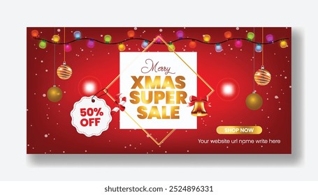 Christmas and new year celebration party horizontal banner for Christmas and new year sale promotion event social media cover, header, web banner template with modern Christmas background