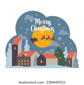 Christmas and new year celebration. Santa Claus flying on sleigh with reindeers. Christmas character with presents riding in the night. Winter holiday, Christmas card. Flat vector illustration