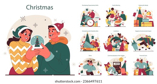 Christmas and new year celebration set. Family members or friends getting ready for festive night. Winter holidays planning. Festive traditions. Flat vector illustration