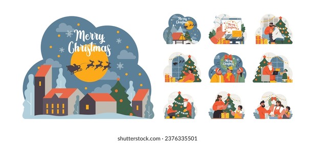 Christmas and new year celebration set. Family members or friends. Festive traditions, Christmas tree and festive dinner. Santa Claus flying on sleight with presents. Flat vector illustration