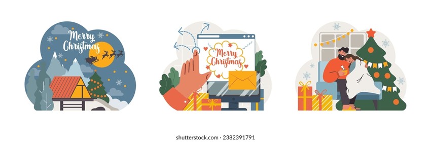 Christmas and new year celebration set. Family members or friends. Festive traditions, Christmas tree and festive dinner. Santa Claus flying on sleight with presents. Flat vector illustration