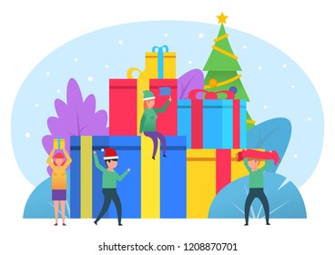 Christmas, New Year celebration. Small people stand near big gift boxes, presents. Poster for social media, banner, web page, presentation. Flat design vector illustration