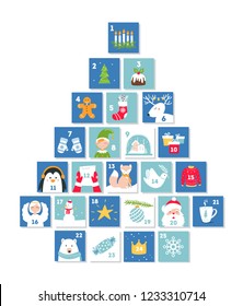 Christmas and New Year Celebration Symbols. Advent Calendar or Cards. Christmas Tree Shape. Vector Set.
