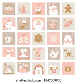 Christmas and New Year Celebration Symbols Stickers. Advent Calendar or Cards Set. Neutral and Pink Colours. Vector Set