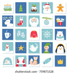 Christmas and New Year Celebration Symbols. Advent Calendar or Bingo Game Cards. Vector Set.