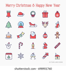 Christmas and New Year celebration thin line icons set: decoration, deer, gifts, calendar, snowman, snow globe, sled, fir-tree. Vector illustration.