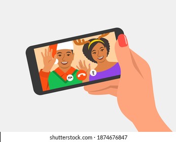 Christmas and New Year celebration together with couple friends video call. Young people in costumes congratulate each other by online videoconference app on phone. Virtual party cartoon illustration