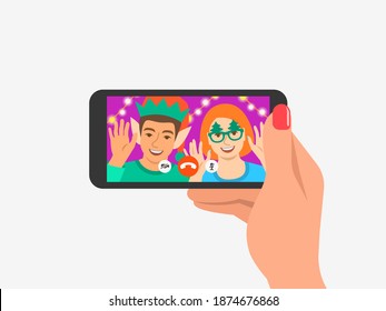 Christmas and New Year celebration together with couple friends video call. Young people in costumes congratulate each other by online videoconference app on phone. Virtual party cartoon illustration