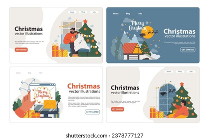 Christmas and new year celebration web banner or landing page set. Family members or friends. Christmas tree and festive dinner. Santa Claus flying on sleight with presents. Flat vector illustration