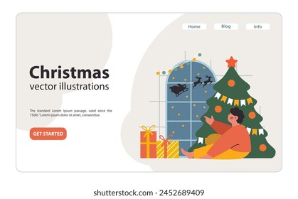 Christmas and new year celebration web banner or landing page. Little boy waiting for Santa Claus. Christmas tree and presents. Santa Claus flying on sleigh with reindeers. Flat vector illustration