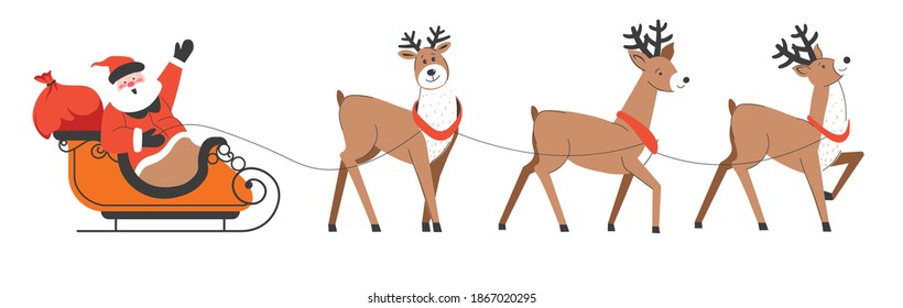 Christmas and new year celebration, winter holidays festivity. Santa Claus on sleigh delivering sack of presents for children. Bag full of gifts put on sleds with grandfather frost. Vector in flat