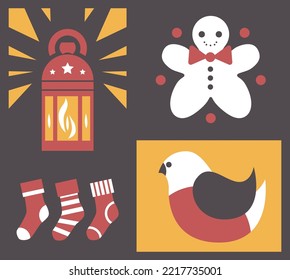 Christmas and New year celebration, winter holidays and fun. Snowman character and lantern with lights and flames. Bullfinch and knitted socks for putting presents and greeting. Vector in flat style