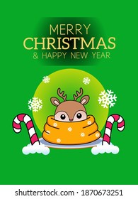 Christmas and New Year celebrations. Cute deer baby hiding in a big scarf because of chillness. Christmas and New Year greeting card, template, poster, banner, cover, background design