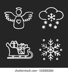 Christmas And New Year Chalk Icons Set. Xmas Angel, Santa Claus Sleigh With Presents, Winter Snowfall, Snowflake. Isolated Vector Chalkboard Illustrations