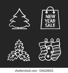 Christmas and New Year chalk icons set. Fir tree, mistletoe, socks for presents, New Year sale shopping bag. Isolated vector chalkboard illustrations