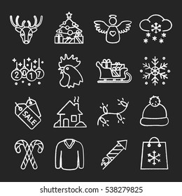 Christmas And New Year Chalk Icons Set. Xmas Tree, Angel, Santa Claus Sleigh With Presents, Snow, Rooster, Firework, Sweater, Candy Canes. Isolated Vector Chalkboard Illustrations