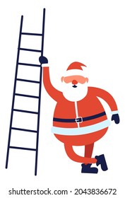 Christmas and new year character, isolated Santa Claus wearing traditional costume with hat, standing by ladder. Father frost or saint nicholas personage with long white beard. Vector in flat style