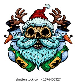 Christmas and new year character. Santa Claus, skull and snowmens and bottles of alcohol. Vector illustration, print on t-shirt, a poster for the party