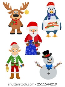 christmas and new year characters holiday symbols flat style vector illustration isolated on white background