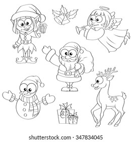 Christmas and new year characters. Santa Claus, snowman, elf, Christmas angel, reindeer, gifts and bells. Black and white illustration for coloring book