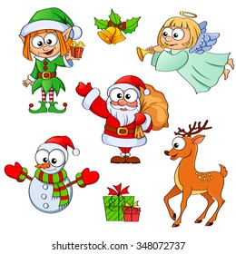 Christmas and new year characters. Santa Claus, snowman, elf, Christmas angel, reindeer, gifts and bells.