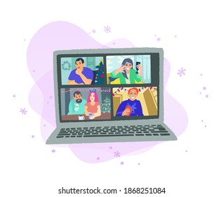 Christmas or New Year chatting with friends or family online. Laptop on winter abstract background. Virtual party. People meeting online together and have fun. Vector flat style illustration.