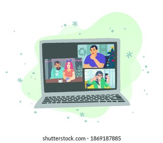 Christmas or New Year chatting with friends or family online. Laptop on winter abstract background. Virtual party. People meeting online together and have fun. Vector flat style illustration.