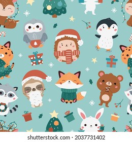 Christmas and New Year childish seamless pattern with forest animals. Cute kawaii cartoon characters - bear, leopard, bunny, fox, penguin, sloth, racoon, deer and hedgehog. Vector illustration.