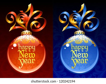 Christmas and New Year circle frame. Vector ribbon in the shape of 2013 and glass ball. Red and blue