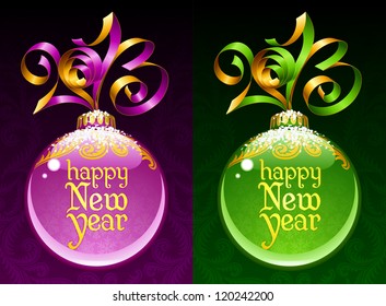 Christmas and New Year circle frame. Vector ribbon in the shape of 2013 and glass ball. Purple and green