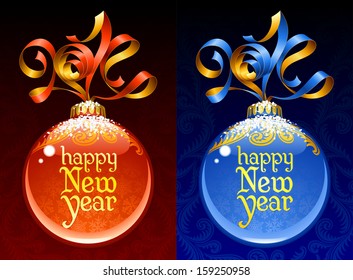 Christmas and New Year circle frame. Vector ribbon in the shape of 2014 and glass ball. Red and blue