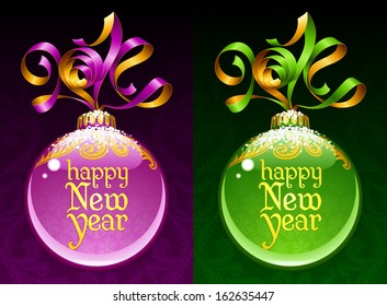 Christmas and New Year circle frame. Vector ribbon in the shape of 2014 and glass ball. Purple and green