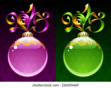 Christmas and New Year circle frame. Vector ribbon in the shape of 2015 and glass ball. Purple and green