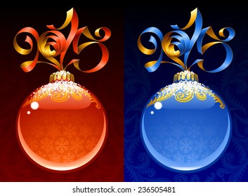Christmas and New Year circle frame. Vector ribbon in the shape of 2015 and glass ball. Red and blue