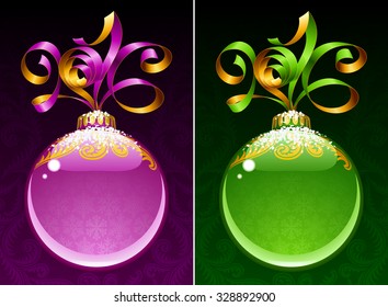 Marco de círculo de Navidad y Año Nuevo. Cinta vectorial en forma de 2016 y bola de vidrio. Púrpura y verde