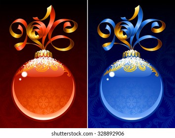 Christmas and New Year circle frame. Vector ribbon in the shape of 2016 and glass ball. Red and blue