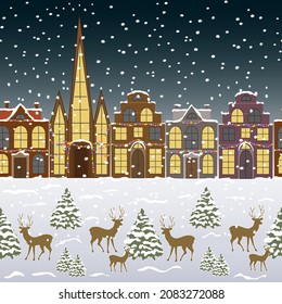 Christmas and New Year cityscape.Christmas trees, deer and snow-covered city streets in Christmas and New Year vector pattern.