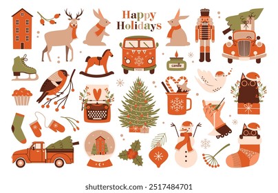 Christmas, New Year clip arts. Big set of cute illustrations of party bus, bullfinch, fir tree, cat in santa's hat, pickup truck, deer, snow globe, red vintage car, gift, birds, rabbits. Flat Design.