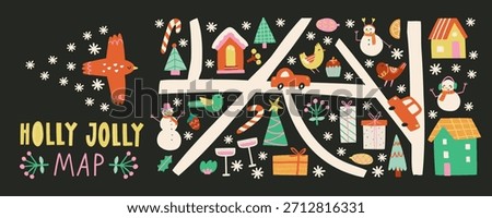 Christmas new year clipart map. Holiday gifts, houses, christmas tree, birds, cars and roads. Holiday seasonal vector illustrations in retro groovy style