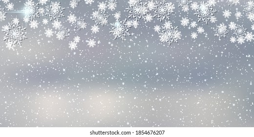 Christmas and New Year cloudy sky with snowfall vector background
