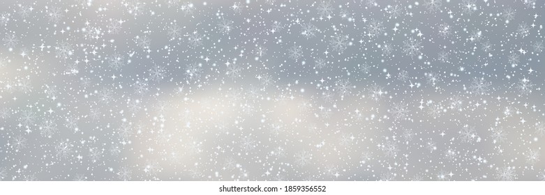 Christmas and New Year cloudy sky with snowfall vector background