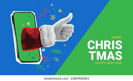 Christmas and New Year collage. Vector illustration with retro Santa Claus hand coming out of phone and showing thumb up. Christmas or New Year collage, ads, poster, greeting, social media.